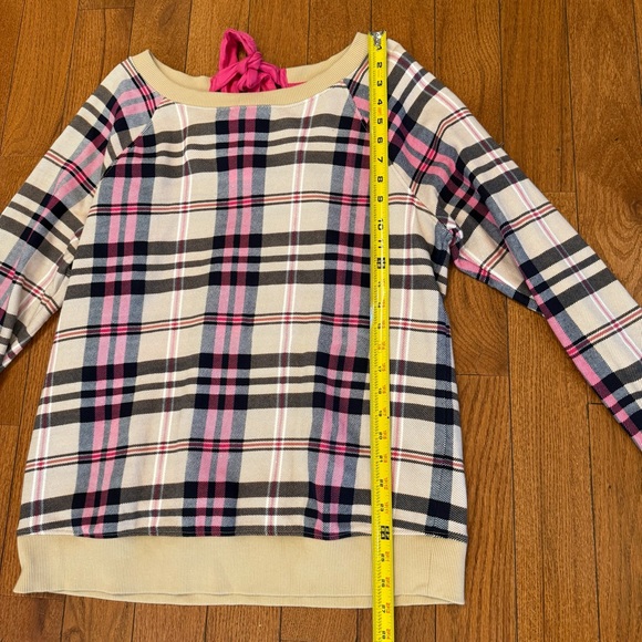 Crown & Ivy Women’s Cream/Pink/Navy Plaid Long Sleeve Scoop Neck Sweatshirt L - Picture 7 of 10